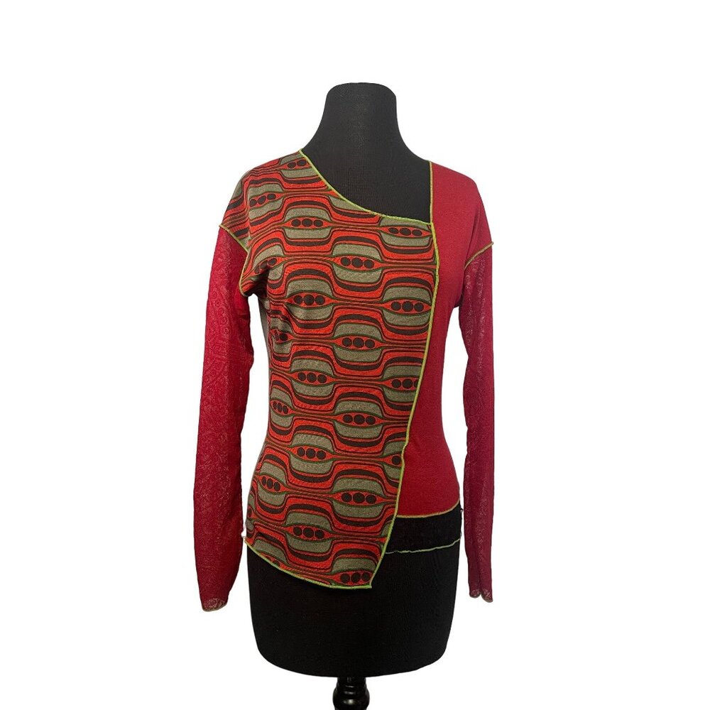 Asymmetrical Womens Long Sleeve Top Red Multi Small Mesh Lace Retro Design Pre-O